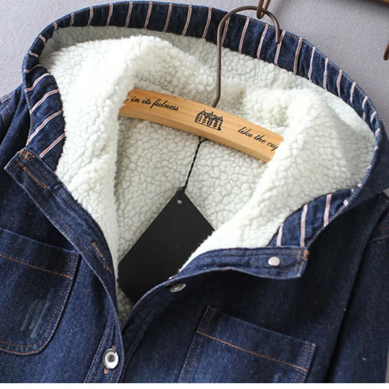 Oversized Women's Denim Clothing Winter Coat Thickened Denim  Hooded Lamb Wool Warm Cotton Parka Casual Loose Outwear Winter