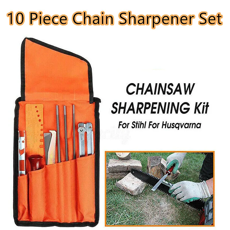 

10 Piece Chain Sharpener Set Hardwood Handle+Round/Flat File Guide Bar File Sharpener Tools