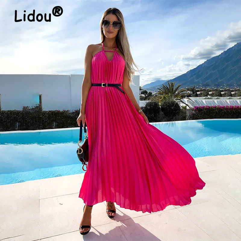 

Backless Spaghetti Straps Halter Hollow Out Folds Solid Color Off Shoulder Sashes Bohemian Reunion Midi Dress Summer Women 2022