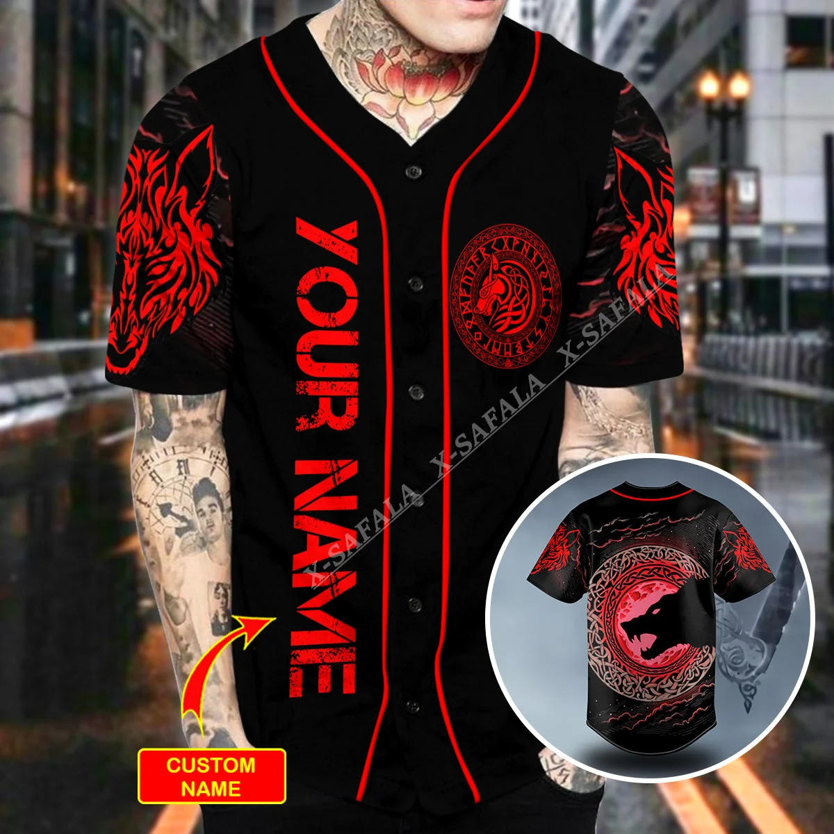 

X-SAFALA Red Moon Wolf Viking Tattoo 3D Printed Baseball Jersey Shirt T-Shirt Top Tee Men Streetwear Short Sleeve V-Neck Hip Hop