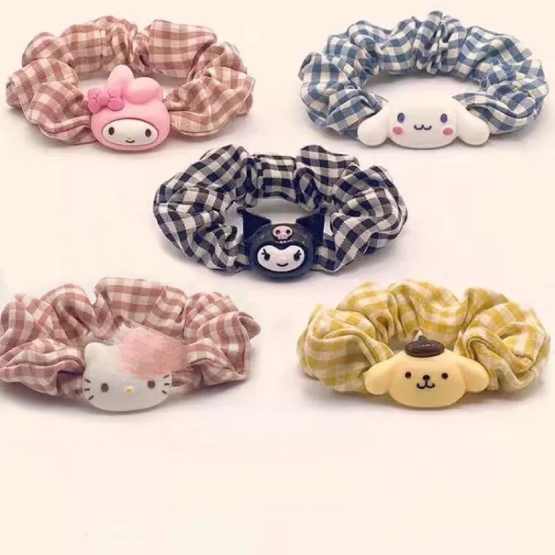 

Sanrio Hello Kitty Cinnamoroll Kuromi Large Intestine Hair Ring Summer New Plaid Series Headdress Girls Creativity Kawaii Gift