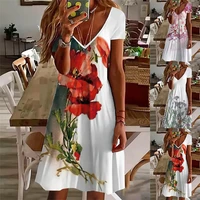 2022 new summer womens fashion print slim short sleeved sexy v neck a line skirt casual tie dye mid length pullover dress