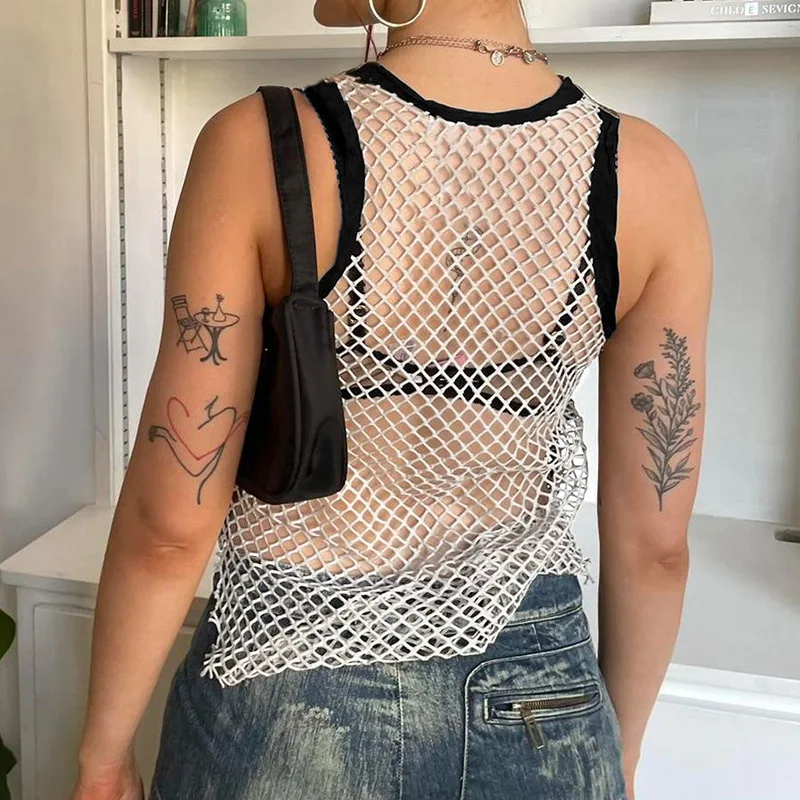 

Patchwork Fishnet Women Crop Top Tanks Bodycon Sexy Streetwear Casual Fashion Festival 2022 Summer Clothes Cute Hollow Out Tops