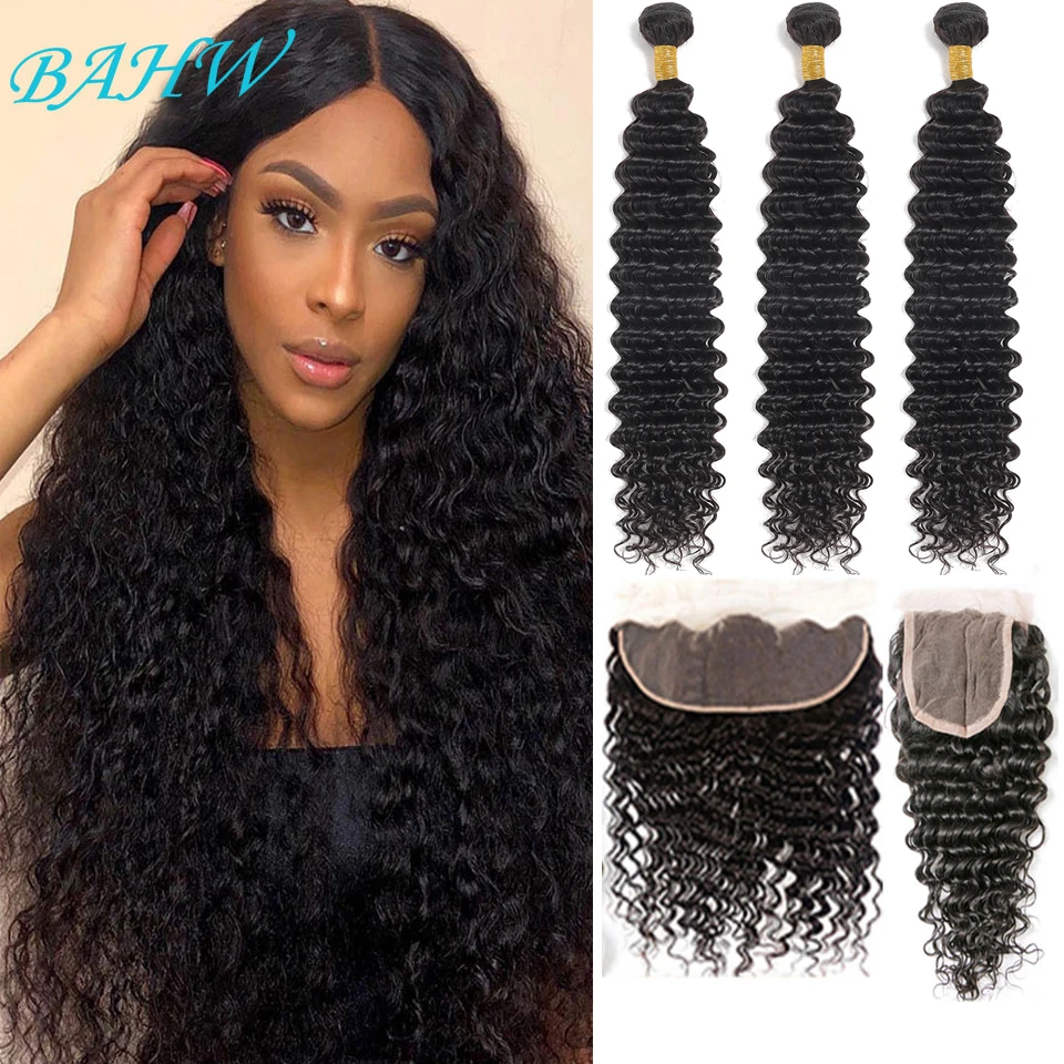 BAHW Peruvian Water Wave Bundles With Closures For Women Human Hair Bundles with 4x4  Lace Closure Pre plucked With Baby Hair