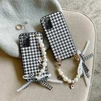 korea luxury houndstooth leather pearl bracelet chain soft case for samsung galaxy m33 m53 m52 m23 m51 m12 m30 m20 a03 s cover
