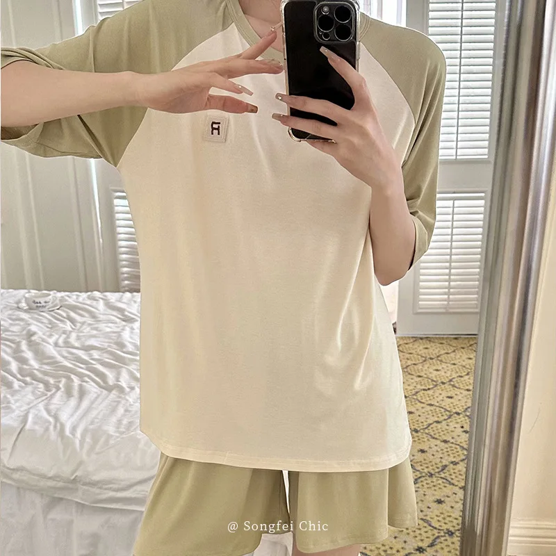 New Pajamas for Women's Summer Round Neck Short-sleeved Shorts Simple Comfortable and Soft Home Service Suit Can Be Worn Outside