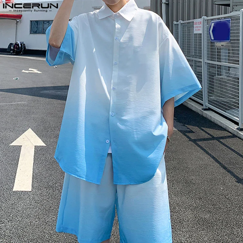 INCERUN 2024 Модные мужские комплекты в Корейском стиле рубашка с коротким рукавом и