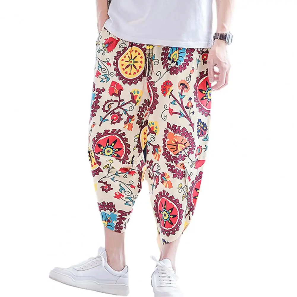 

Men Pants Flower Printing Length Loose Vintage Wide Leg Cropped Pants Male Clothes