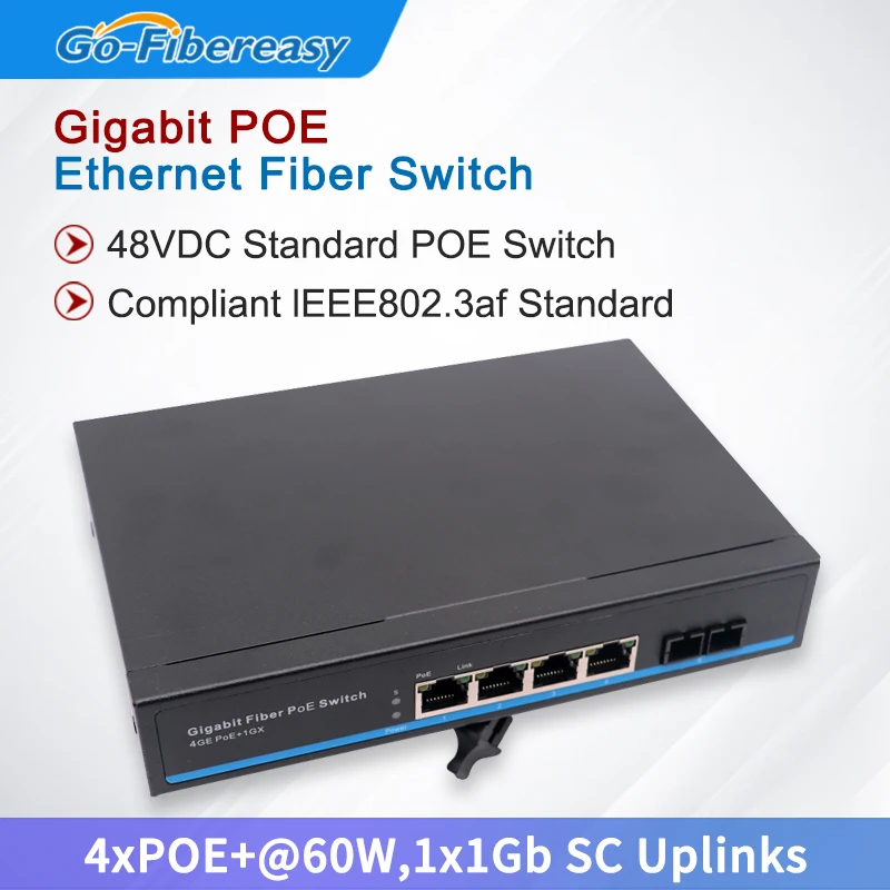 Gigabit POE Ethernet Fiber Switch 1000Mbps 4xPoE+@60W,1x1Gb SC Uplinks POE Optical Media Converter 48VDC Standard POE Switch