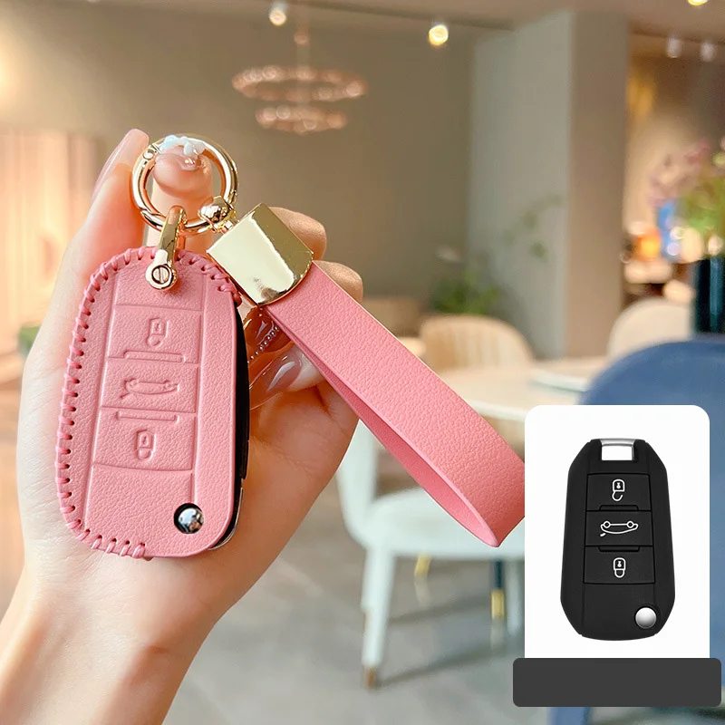 

Genuine Leather Pink Car Key Case Cover for Peugeot 508 301 2008 3008 408 For Citroen C4 CACTUS C5 C3 C4L