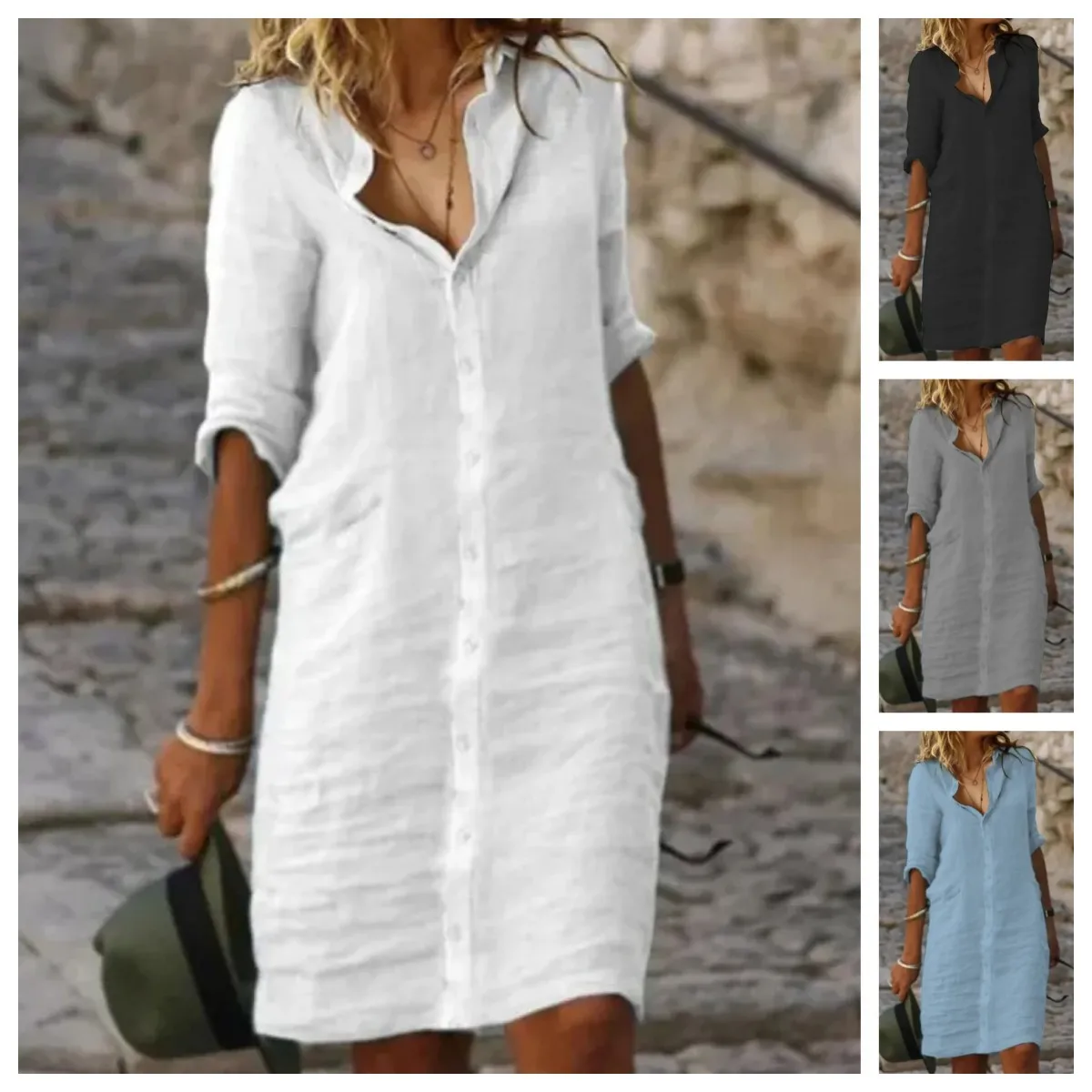 

Solid Color Doorman Shirt Long Sleeve Ladies Dress 2023 Summer Lapel Short Sleeve Women‘s Clothes Loose Straight Tops Streetwear