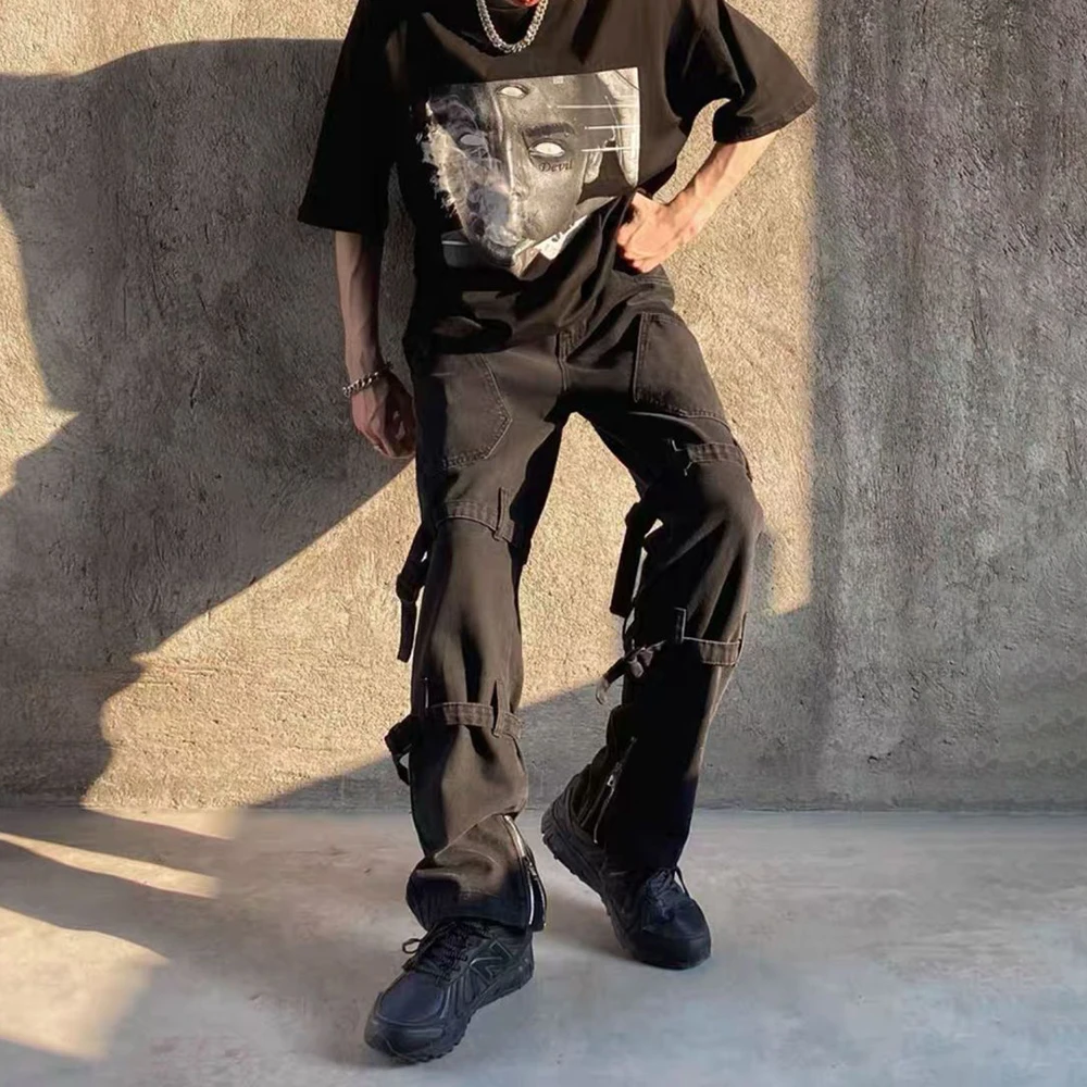 Men's Hip-hop Jeans Dark Streamer Foot Zipper American Street Vibe Style Straight-leg Pants Tide Brand Ins Jeans