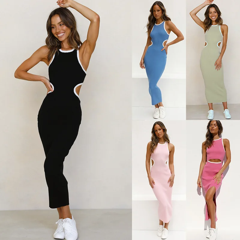 

Summer New Womens Knitted Dress Contrast Color Sleeveless Round Neck Hollow-Out Back Long Bodycon Dress Street Style S-XL