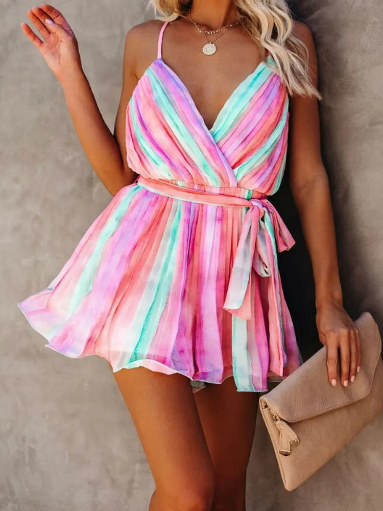 

2023 Pink Bohemian Tie-dyed Sexy Spaghetti Strap Summer Beach Dress Chiffon Tunic Women Elegant Backless Mini Dresses C1A401