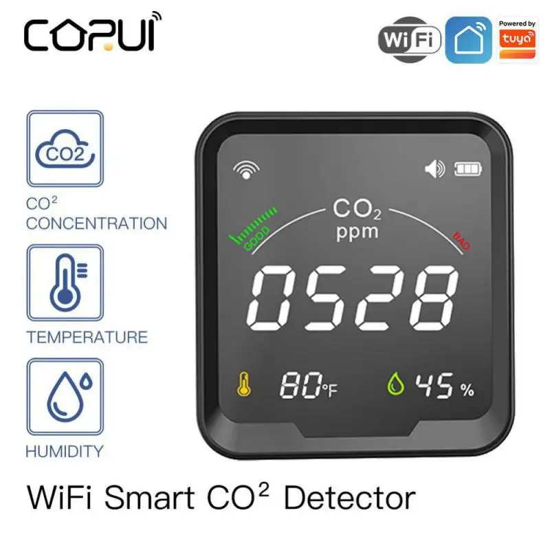 

CoRui Tuya WiFi CO2 Carbon Dioxide Air Quality Monitor Detect Test Temperature And Humidity Sensor Indoor Air Ventilation Levels