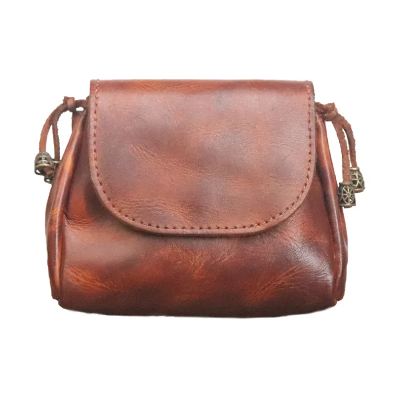 Hand Made Color Plant Tanned Leather Coin Purse Women's Head Layer Cowhide Leather Key Bag Earphone Storage Bag