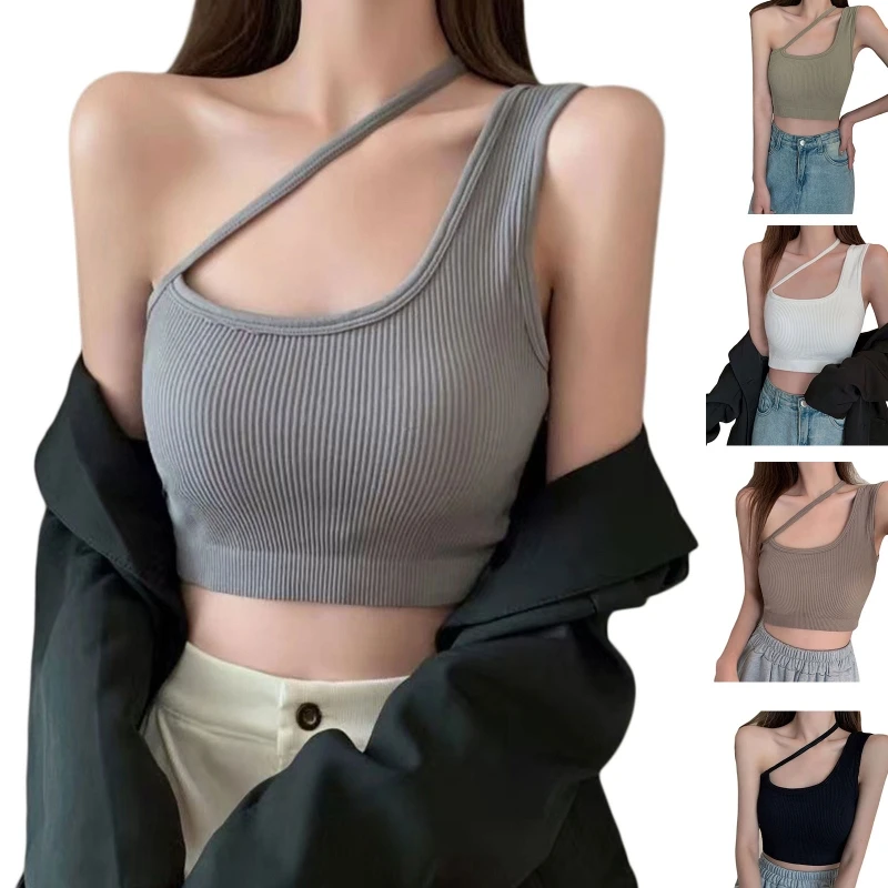 

Y166 Women Summer Sexy One Shoulder Sleeveless Crop Tank Top Irregular Strappy Ribbed Knit Camisole with Shelf Bra Solid Color