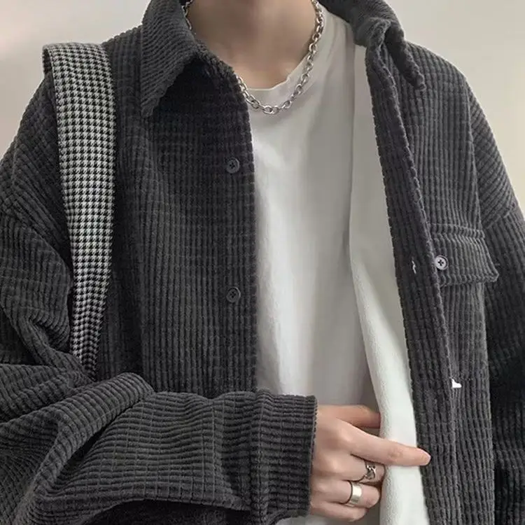 Spring Autumn Fashion Men's Solid Casual T-Shirt Loose Cool Boy Soft Versatile Tops Students Buttons Coat Pocket Corduroy Jacket