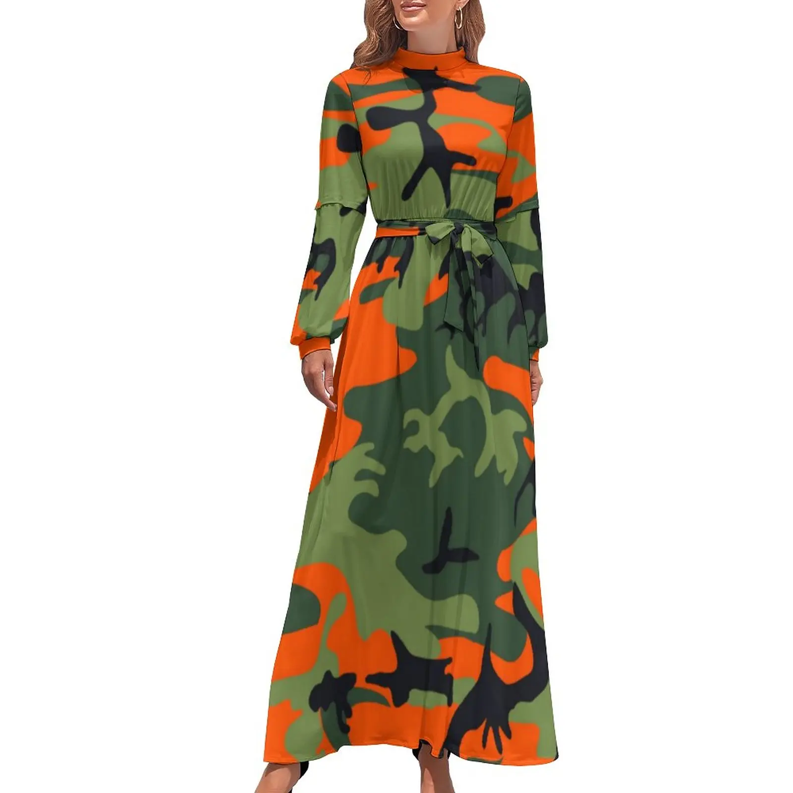 

Охотничье оранжевое камуфляжное платье с высоким воротником, цветные камуфляжные пляжные платья Бохо с длинным рукавом, повседневное длинное платье макси, модная одежда