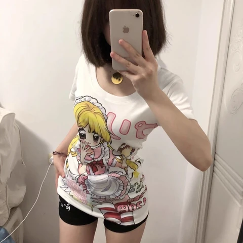 Футболки с аниме в японском стиле Deeptown, женские футболки Harajuku Kawaii с рисунком мультфильмов Y2k 2000-х годов, облегающие футболки Cutecore, эстетические