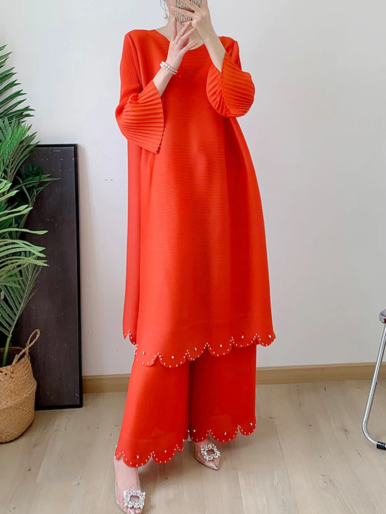 LANMREM однотонный плиссированный комплект из 2 предметов для женщин топы с круглым