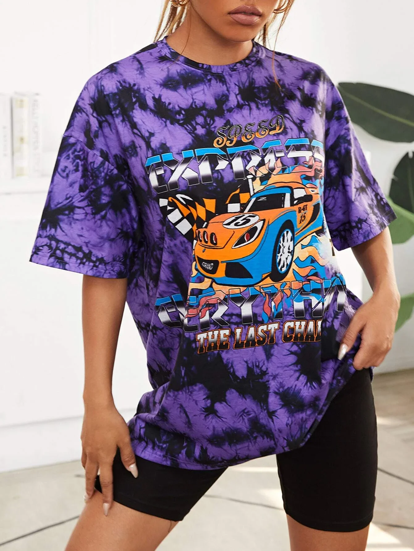 

Tie Dye Car Print Drop Shoulder Tee