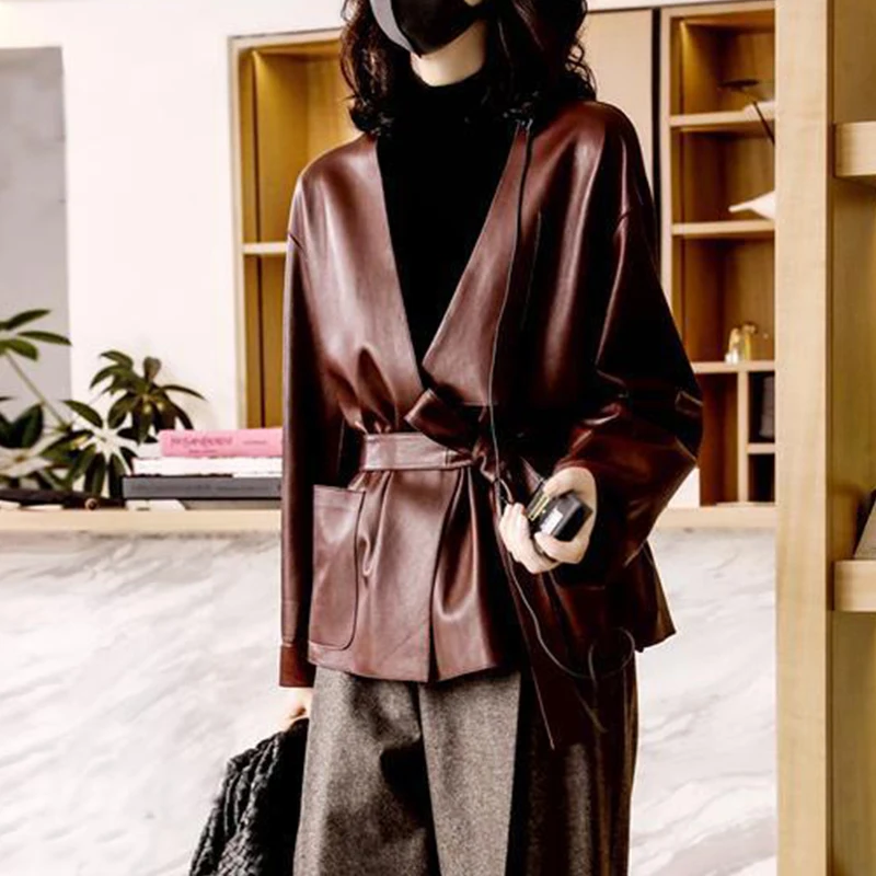 Fitaylor New Spring Autumn Pu Jacket Women Fashion V-neck Lace-up Faux Leather Lady Loose Solid Color Coat | Женская одежда