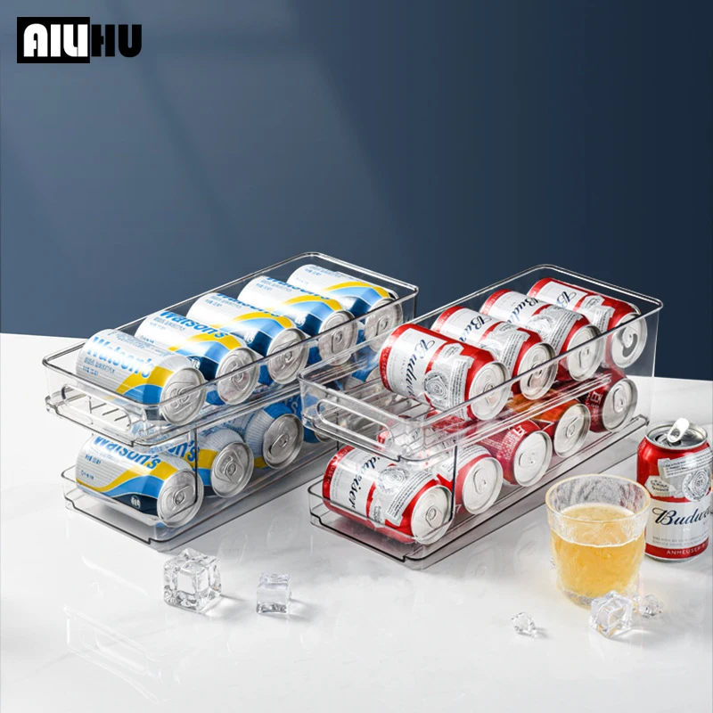 

2-Tier Rolling Refrigerator Organizer Bins Soda Can Beverage Bottle Holder For Fridge Kitchen Plastic Storage Rack Container