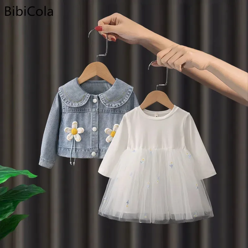 

Весенне-осенние комплекты одежды для маленьких девочек Джинсовая куртка принцессы с кукольным воротником + Сетчатое платье комплект детск...