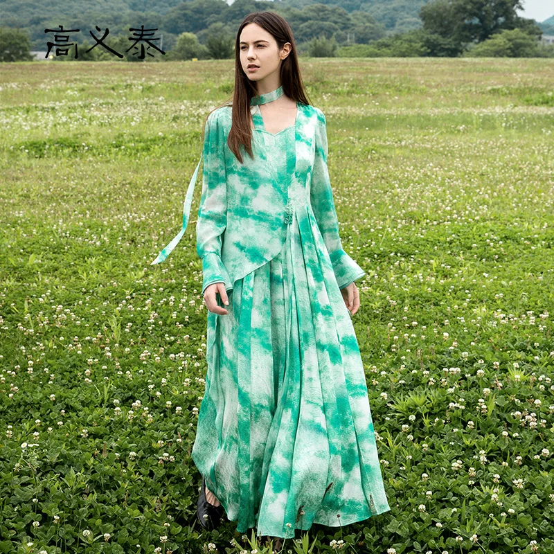 

Square Collar Ruffled Long-sleeved Grass-green Dresses Women Floral Brocade-paneled Georgette Silk Original Maxi Dress AY171