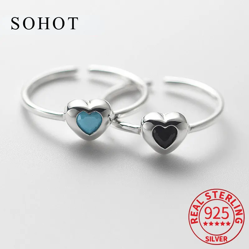 

INS Real 925 Sterling Silver Zircon Turquoise Heart Adjustable Ring For Women Classic Fine Jewelry Minimalist Bijoux