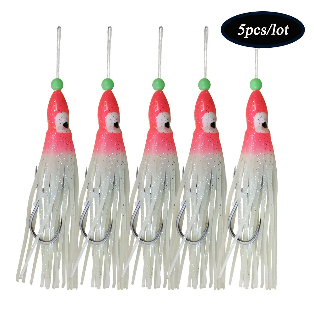 

AS 5pcs/lot Fishing Hook Glow Assist Hooks With Squid Skirts Lumious Slow Jig Silicone Skirt Sea Fishing Accessories