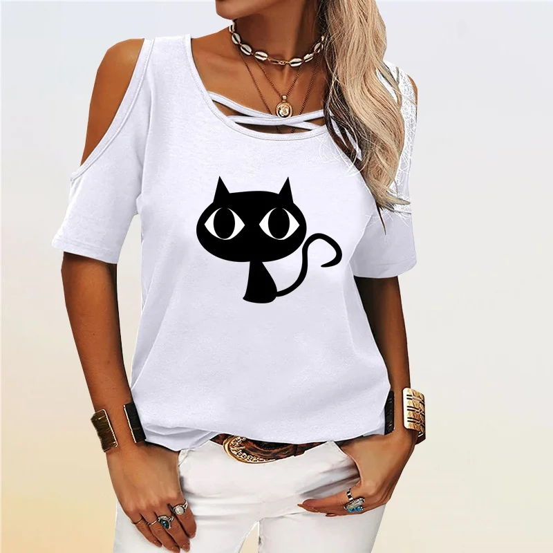 

Women Fashion T-shirt Casual Cat Print Top Summer Short Sleeve Tee Shirt Round Neck Off Shoulder Blouses Ladies Loose T-shirt