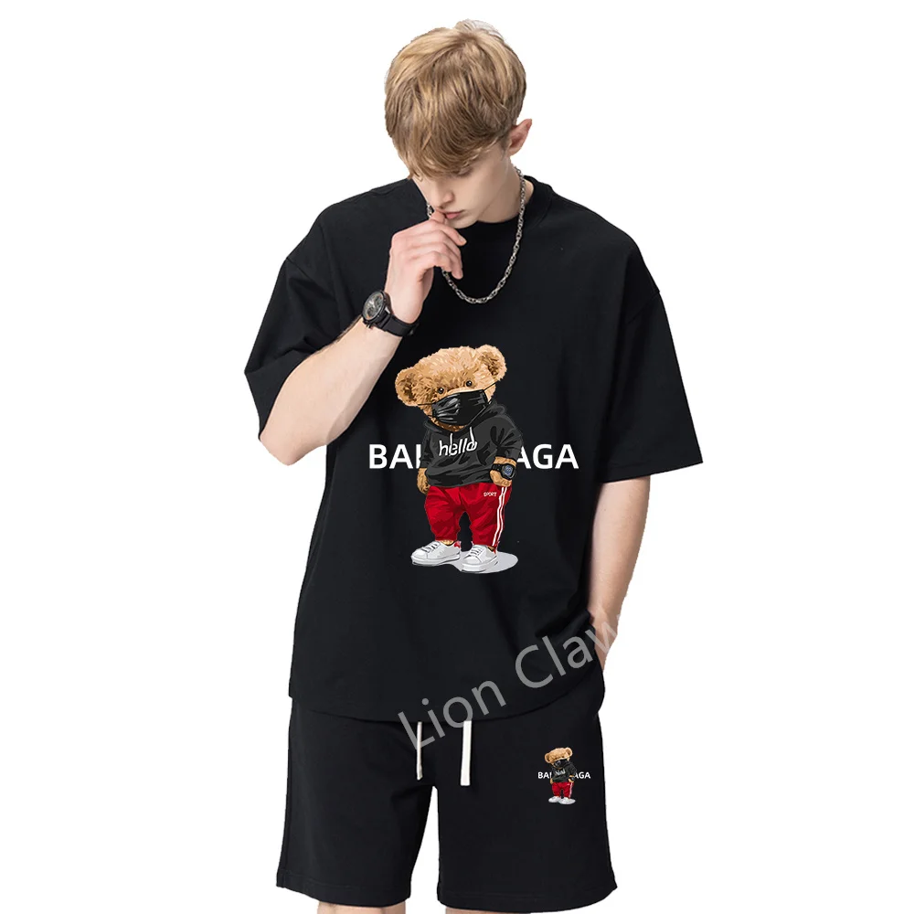 Summer Men Tracksuit Jogging Suit Women Set Cotton T-shirt 2023 Luxury Brand Tee Bear Graphic Print Tshirt + Shorts 2 Piece Sets
