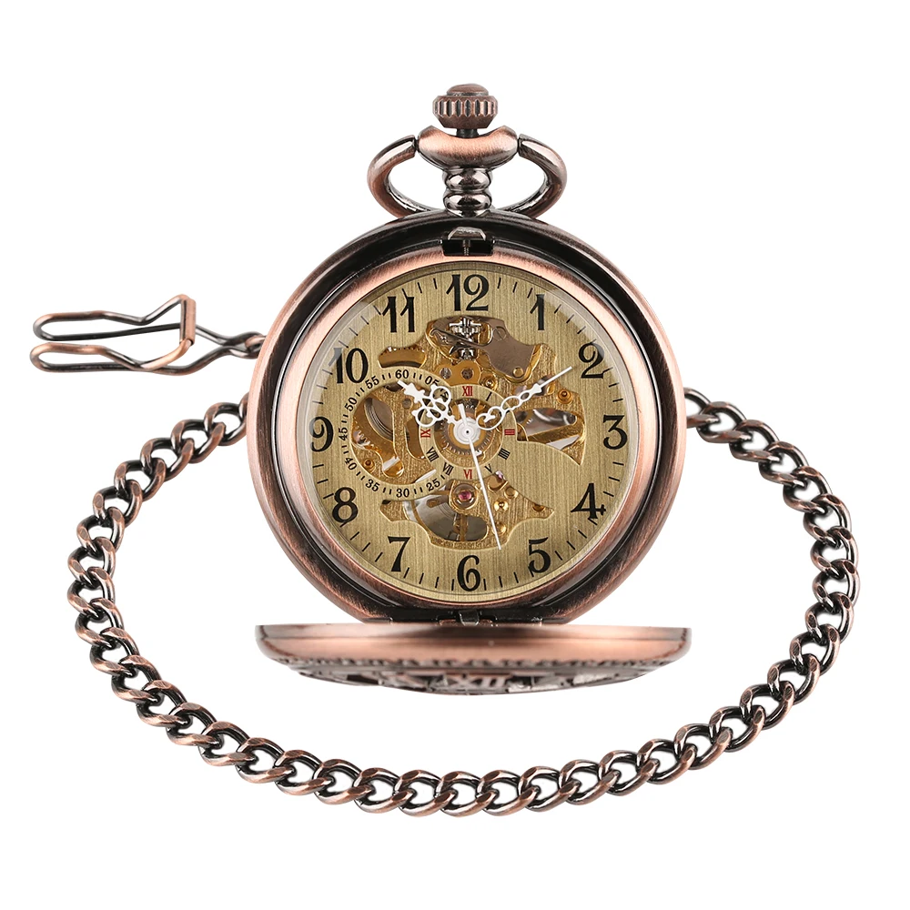 Rose Gold Gearwheel Roman Numerals Skeleton Manual Mechanical Pocket Watch Fob Chain Steampunk Vintage Pocket Timepiece Male