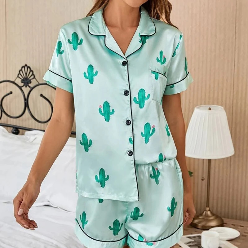 Sweet Cactus Print Women's Pyjamas Short-sleeve Ice Silk Cardigan Summer Refreshing Two-piece Suit Women Ice Silk Home Service