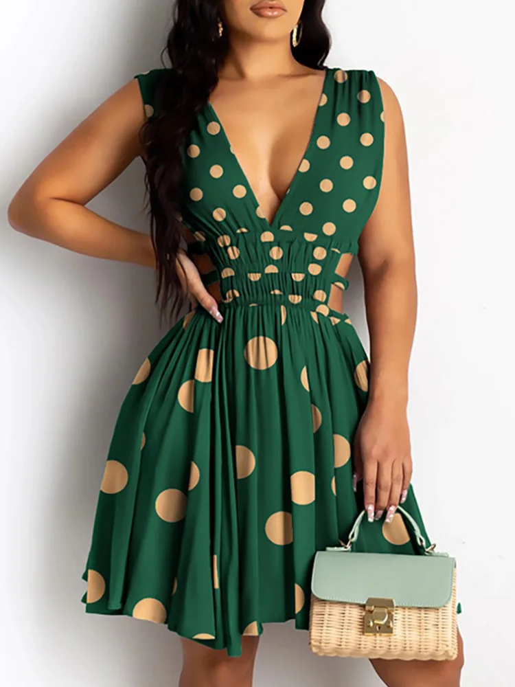 

2023 Cutout Waist Plunge Print Dress Women Summer Dress