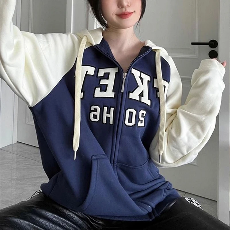 

American Hip Hop Retro Letter Print Zip Up Hoodie Jackets Men Women Loose Oversized Sweatshirt Coats Harjauku Streetwear Winter