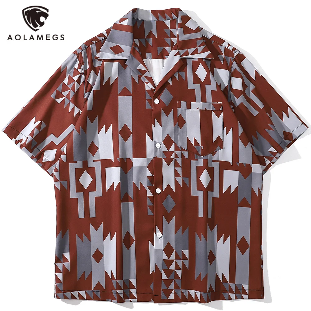 

Aolamegs Мужская рубашка в винтажном стиле с геометрическим рисунком и отложным воротником, рубашки с короткими рукавами, высокое качество, ...