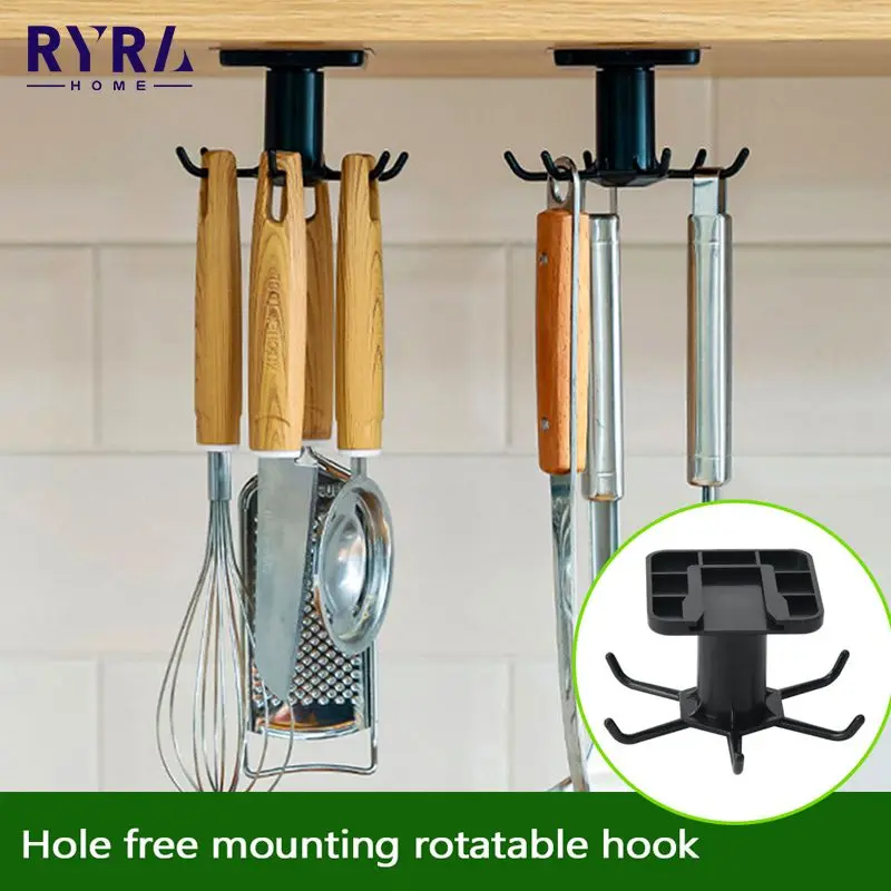 

360 Degrees Rotated Hooks Kitchen Self Adhesive 6 Hooks Home Wall Door Hook Home Handbag Clothes Ties Bag Hanger Hanging Rack