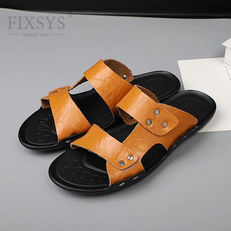 

FIXSYS Leather Man Slippers Summer Breathable Casual Shoes Outdoor Mens Slides Fashion Anti Slip Beach Shoes Lightweight Slipper