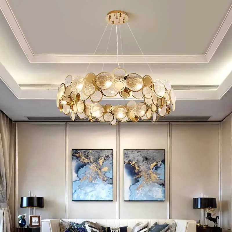 

SANDYHA Pendant Light Luxury Gold Crystal Chandeliers Ring Led Lamp for Living Room Lustre Salon Design Luxe Lampara De Techo