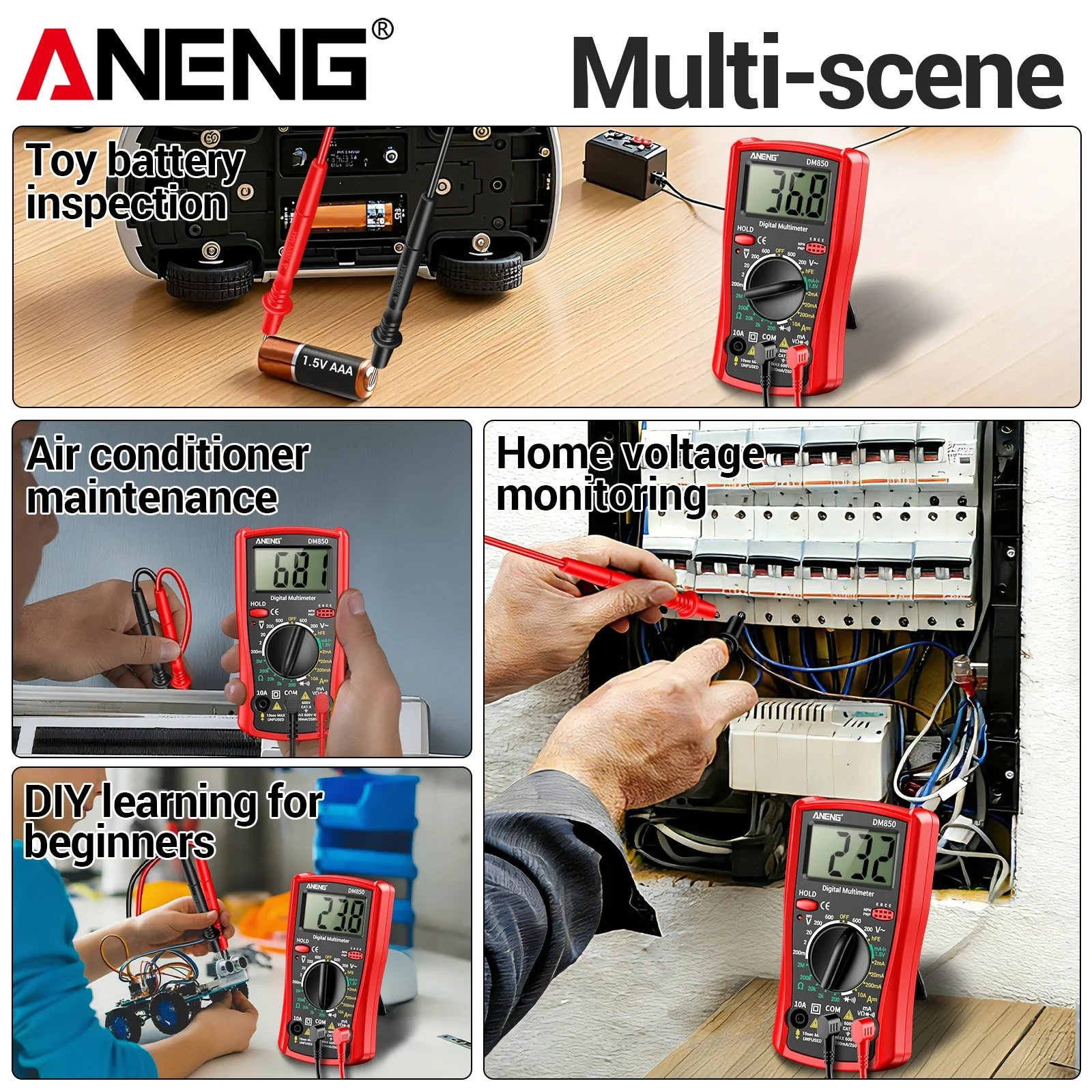 Фото Мультиметр ANENG DM850 + тестер напряжения VD802 NCV, набор инструментов для электрика, измеритель переменного/постоянного тока, сопротивления, диодов и обрыва цепи. №5