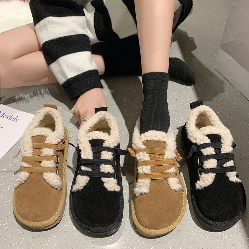 2022 Winter Casual Flat Shoes Women's Snow Boots Non-slip Plus Velvet Warm Cotton Shoes Flat Lace Female Boots Size 35-40