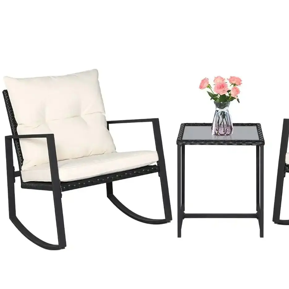 

SUNCROWN 3-Piece Outdoor Patio Wicker Bistro Rocking Chair Set - Two Chairs with Glass Coffee Table (Beige-White Cushion) Black