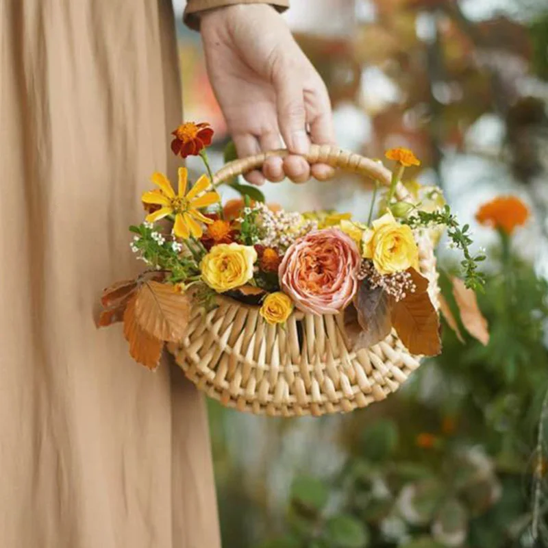 

Small Flower Basket Willow Rattan Woven Basket Wicker Half Moon Storage With Handle Picnic Container Sturdy Girl Handmade