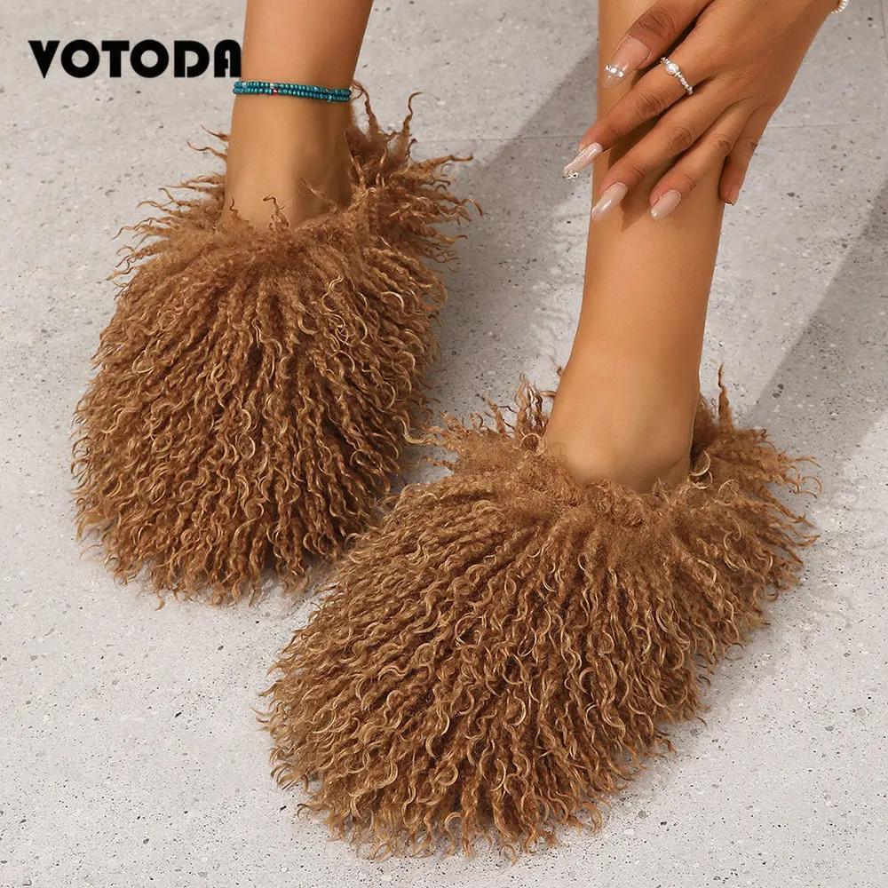 

Fashion Mongolian Fur Slides for Women Winter Warm Home Cotton Slippers Cute Solid Faux Fur Flip Flops Flat Casual Shoes Mujer