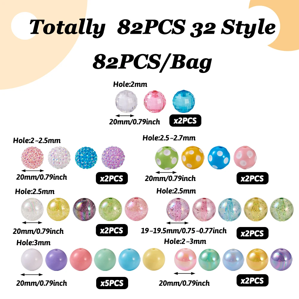 82Pcs Round Resin Rhinestone Acrylic Beads Loose Spacer Beads For Jewelry Makeing DIY Handmade Bracelet Keychain Accessories