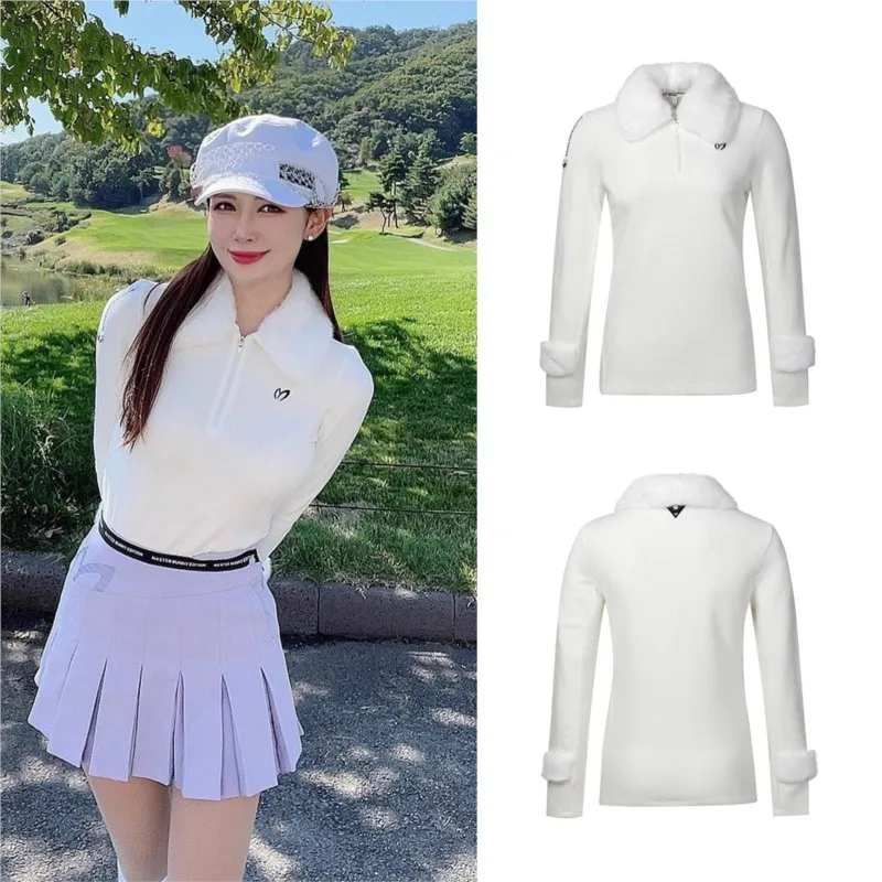 

Womens Golf Fuzzy Knit Sweater Slim Fit Long Sleeve Solid Pullover Fur Collar