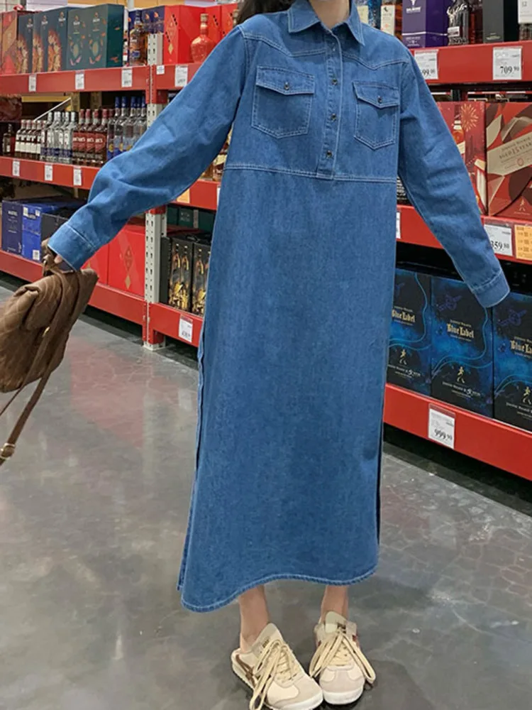 Платье женское джинсовое однотонное с отложным воротником и длинными рукавами